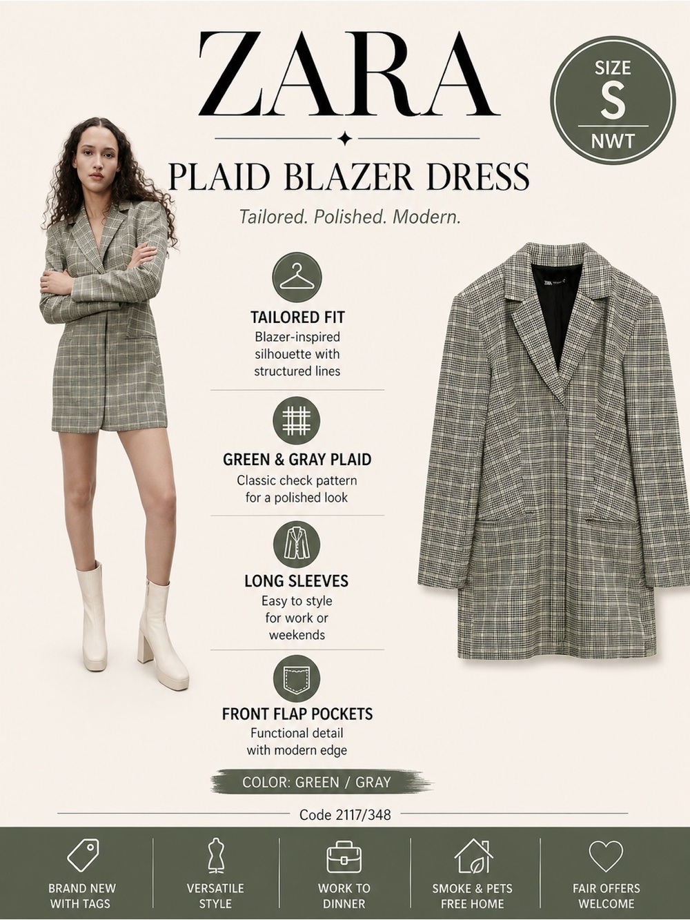 ZARA Green Gray Plaid Blazer Dress Size S NWT Long Sleeve Tailored Mini Dress